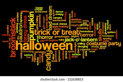 Halloween word cloud vector on black background with words related to halloween - witch, trick or treat, candy, pumpkin, halloween, knocking and similar