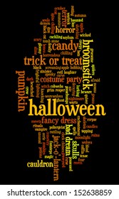 Halloween word cloud vector on black background with words related to halloween - witch, trick or treat, candy, pumpkin, halloween, knocking and similar