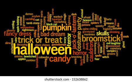 Halloween word cloud vector on black background with words related to halloween - witch, trick or treat, candy, pumpkin, halloween, knocking and similar