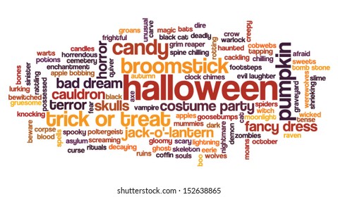 Halloween word cloud vector on whiet background with words related to halloween - witch, trick or treat, candy, pumpkin, halloween, knocking and similar