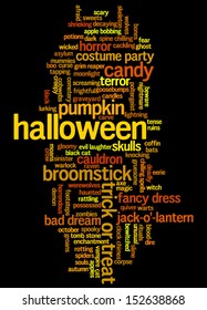 Halloween word cloud vector on black background with words related to halloween - witch, trick or treat, candy, pumpkin, halloween, knocking and similar