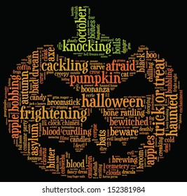 Halloween word cloud vector in shape of a orange pumpkin on black background with words related to halloween - witch, trick or treat, candy, pumpkin, halloween, knocking and similar