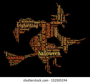 Halloween word cloud vector in shape of a witch on a broomstick on black background with words related to halloween - witch, trick or treat, candy, pumpkin, halloween, knocking and similar