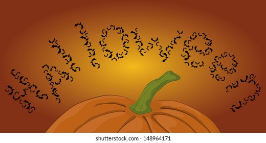 Halloween word composed of bats and pumpkin. Vector