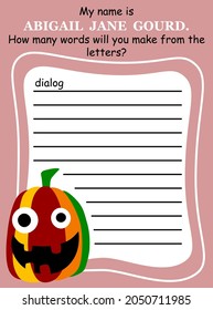 Halloween word game for kids in English vector illustration. Funny colorful activity page with carved pumpkin vector. Create as many words as you can from given letters - anagram game worksheet