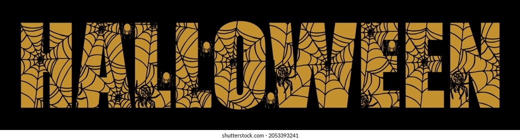 Halloween word. Gold lettering with Spiders, arachnids and cobwebs on black background. Sketch vector illustration.