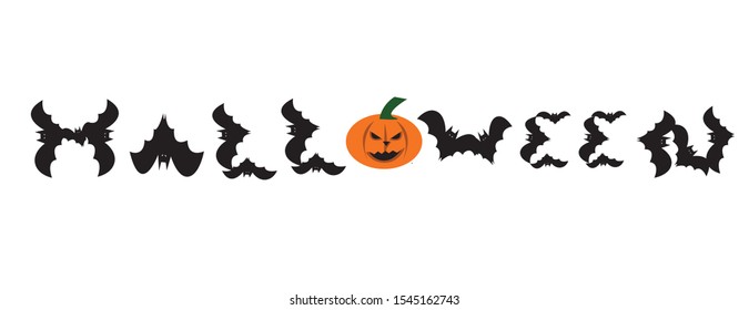 Halloween word made of black bats and orange pumpkin vector.