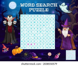 Hoja de trabajo del juego de rompecabezas de palabras de Halloween o acertijo de preguntas con fantasmas de vampiros y brujas. Dulces de Halloween y calabaza en puzzle de búsqueda de palabras para niños, castillo embrujado y hechicero de mago, telaraña y murciélagos