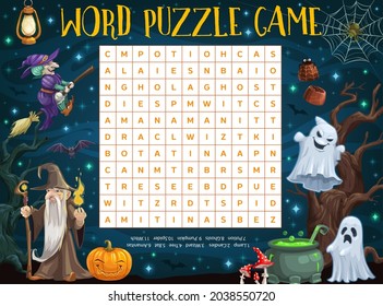 Halloween word puzzle worksheet with cartoon sorcerer, witch, pumpkin and ghosts. Kids word quiz or riddle game grid with Halloween horror ghosts, spiderweb and bats, evil wizard and potion cauldron