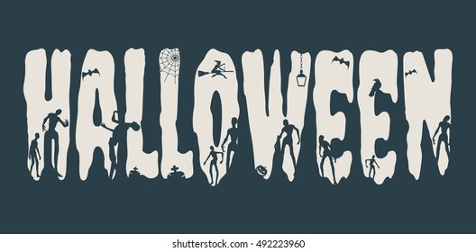 Halloween word and relative silhouettes on them. Halloween theme background