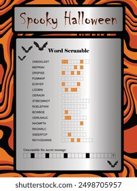 Halloween Word Scramble Game, Unscramble Secret Message, Fun Puzzle Activity, Kids and Adults, Promo, Promotion, Invitation, Party, Pub, Card, Illustration, Flyer, Background, Decoration