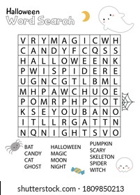 Halloween word search crossword puzzle for children. Educational activity worksheet.  Practice English language vocabulary. Funny kawaii ghost, skull and spider.