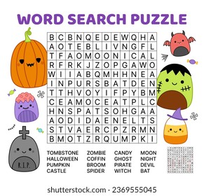 Halloween. Word search game puzzle for kids. Squishmallow. English words. Cartoon, kawaii. Isolated vector illustration eps 10