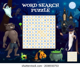 Halloween word search game worksheet with sorcerer, werewolf, ghost and sweets, vector. Kids riddle puzzle to find word with Halloween cartoon characters, pumpkin lantern, potion cauldron and skull