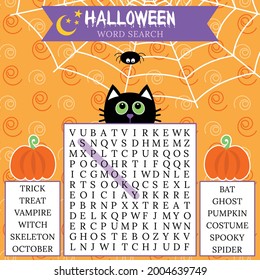 Halloween word search puzzle. Crossword game for learning English word about autumn holiday. Logic game.Activities ideas supplies. Suitable for social media post. Black cat, pumpkin, spider.