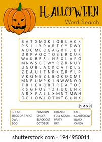 Halloween word search puzzle. Educational game for kids. Funny holiday crossword. Printable festive colorful worksheet for learning English words. Pumpkin vector illustration