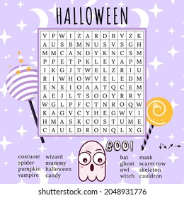 Halloween word search puzzle. October crossword game. Printable worksheet for learning English words. Autumn theme. Find 16 hidden words. Party card. Vector illustration of ghost character. 