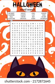 Halloween word search puzzle. October crossword game.  Worksheet for learning English words. Autumn theme. Suitable for social media post. Words can be found horizontal, vertical and diagonal.