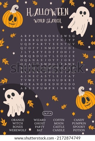 Halloween word search puzzle. October crossword game.  Worksheet for learning English words. Autumn theme. Suitable for social media post. Ghost and pumpkins vector illustration.Printable party card.