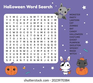 Hoja de trabajo de búsqueda de palabras de Halloween para niños. Aprender el vocabulario inglés. Juego educativo. Personajes kawaii. Ilustración vectorial.