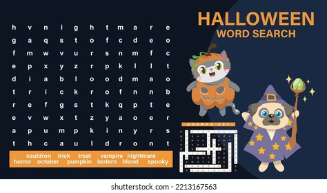 Halloween word search worksheet. crossword worksheet in Halloween theme for kids. Ready to print file. Printable activity kit for children. Vector illustration file.