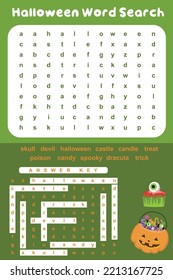 Halloween word search worksheet. crossword worksheet in Halloween theme for kids. Ready to print file. Printable activity kit for children. Vector illustration file.