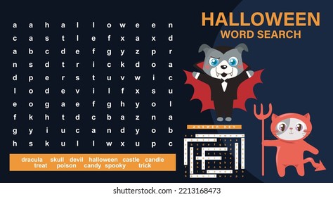 Halloween word search worksheet. crossword worksheet in Halloween theme for kids. Ready to print file. Printable activity kit for children. Vector illustration file.