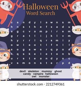 Halloween Word Search worksheet. Educational worksheet for preschool. Ready to print. Printable sheet. Vector illustration file.