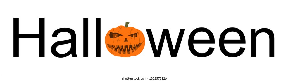 Halloween word sign vector illustration isolated on white. Pumpkin scary face laughing. Happy Jack O Lantern. Spooky and scary night scene symbol.
