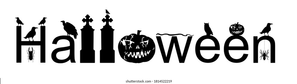 Halloween word sign vector silhouette illustration isolated on white. Pumpkin scary face laughing. Happy Jack O Lantern. Spooky raven on tombstone graveyard with snake and vulture. Scary night owl.