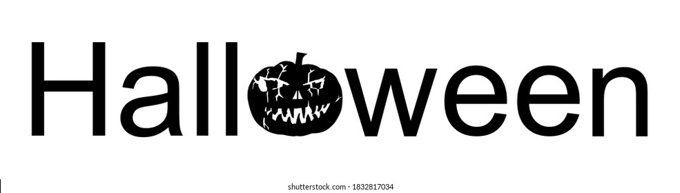 Halloween word sign vector silhouette illustration isolated on white. Pumpkin scary face laughing. Happy Jack O Lantern. Spooky and scary night scene symbol.