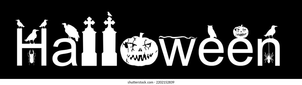 Halloween word sign vector silhouette illustration isolated on black. Pumpkin scary face laughing. Happy Jack O Lantern. Spooky raven on tombstone graveyard with snake and vulture. Scary night owl.