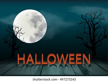  Halloween wording on plank wooden floor with full moon and scary tree for poster, card and banner design in vector illustration format