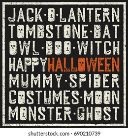 Halloween words decorative poster. Grunge stamp letters with scary elements (bats, tombs, pumpkins). Holiday words in grunge frame.