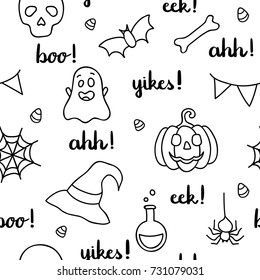 Halloween words lettering and items black outline