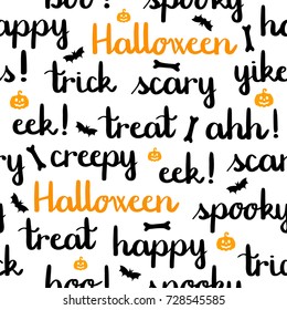 Halloween words lettering seamless pattern white background pumpkins