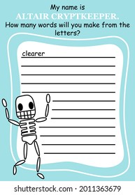 Halloween words within a word game with cartoon skeleton vector illustration. Happy Halloween word game in English for children