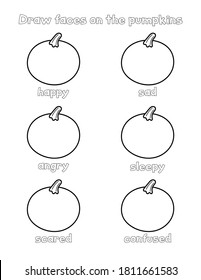 Halloween worksheet for children. Draw faces on the pumpkins. Creative educational game. Coloring page.
