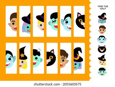 Halloween Worksheet. Set of Monsters. Witch, Little Witch, Werewolf, Black Cat, Dracula and Frankenstein. Education Game for Children. Happy Halloween game. Find the half.