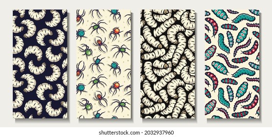 Halloween Worms Or Maggots. Larva Insect Or Scary Bug For Creepy Backgrounds. Set Of Seamless Patterns For Wallpaper Of Zombie Party