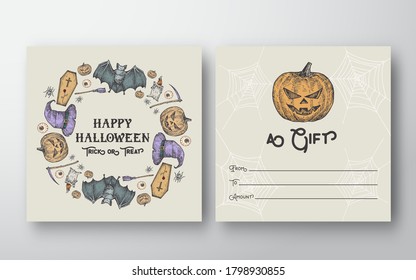 Halloween Wreath Abstract Vector Greeting Gift Card Background Template. Back and Front Design Layout with Typography. Sketch Pumpkins, Bats, Spiders and Candles Illustrations Frame. Isolated.