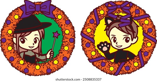 Halloween wreath and cosplay illustration