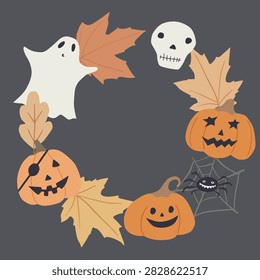 Halloween wreath. Print with  spider, pumpkins, leaves. Holiday frame