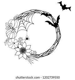 Halloween wreath with pumpkins, cobwebs and bats. Decorated with a flower.