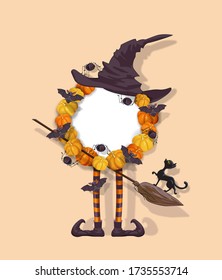 Halloween wreath with pumpkins, hat, witch legs, black cat, bats, spiders, broom. Halloween festive design element with place for text. Vector illustration