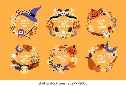 Halloween wreath set. Helloween round frames with scary pumpkins, spooky skulls, web. Candies, dry branches, autumn leaves on circle. Designs of magic holiday decor. Flat isolated vector illustrations