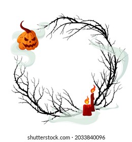 Halloween wreath of spiky frightening branches and fog. Red candles and a pumpkin with a carved face. Round frame for your design. Vector illustration isolated on white background.