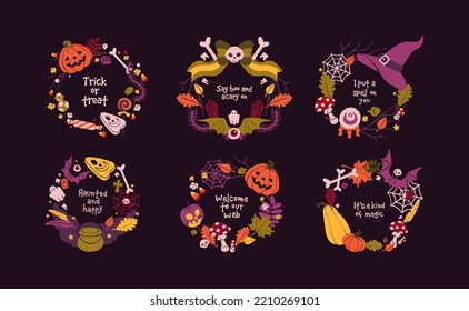 Halloween wreaths designs set. Creepy Helloween circles from orange pumpkins, web, bones, skulls and candies. Autumn holiday decoration, round frames with quotes. Isolated flat vector illustrations