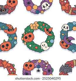 Halloween wreaths vector cartoon seamless pattern background.