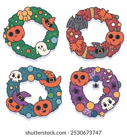 Halloween wreaths vector cartoon set isolated on a white background.